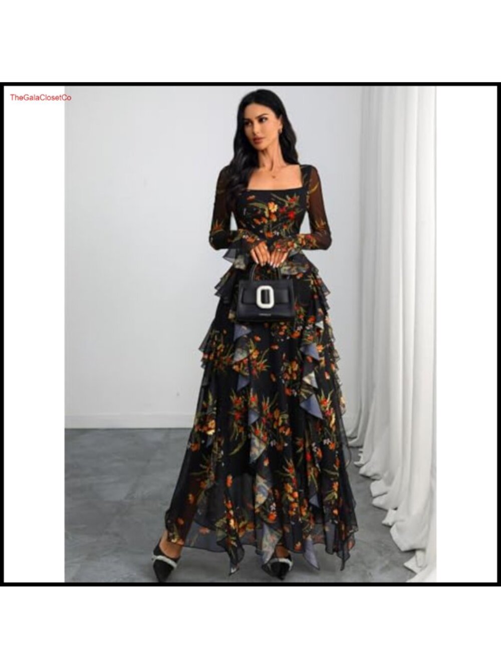 Women's Floral Maxi Dress Long Sleeve Square Neck Ruffle Formal Party - Picture 5 of 6